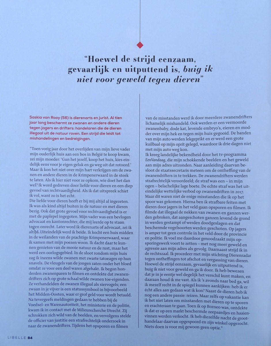 Deze week in <a href="/Libelle/">Libelle</a> : interview dierenarts/jurist <a href="/SaskiaVanRooy/">Saskia Van Rooy</a> over haar eenzame harde strijd tegen #misstanden met dieren &amp; het voortgaande geweld en agressie aan haar adres ten gevolge hiervan. Dikke zwanenzoenen voor <a href="/Libelle/">Libelle</a> en Nienke Pleysier als dank voor interview🦢❤️!
