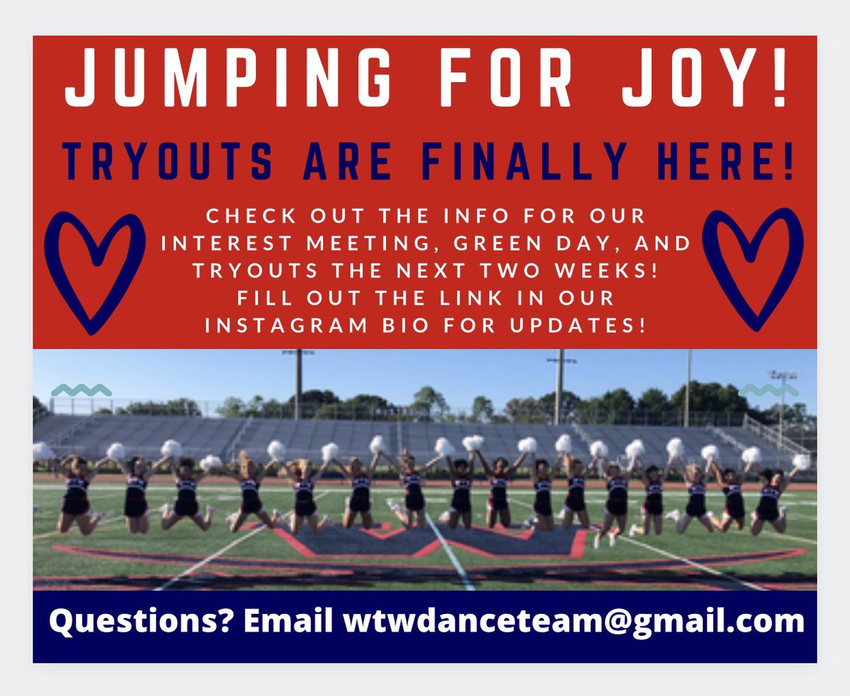 wtwdance's tweet photo. Jumping for joy!!! Tryouts are coming!! Make sure you fill out the form in our Instagram bio to join our email list and the link to our Interest Meeting!!! ⚔️💙❤️ @Woodsonathletic @WTWoodsonHS @WTWCavalry #MakeItWork #Pnettes #ONEWoodson #CavStrong https://t.co/EHXOpPqNIt