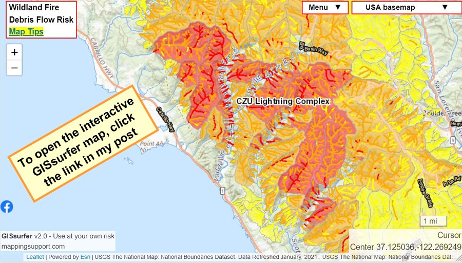 1/_ Interactive  #GIS map showing risk of  #DebisFlow for wildland fires. For the legend and to get the most benefit from the map, please click “Map tips” in upper left corner. To search on address click Menu > Search.  #CAwxOpen  #GISsurfer map:  http://bit.ly/39Y5BRA 