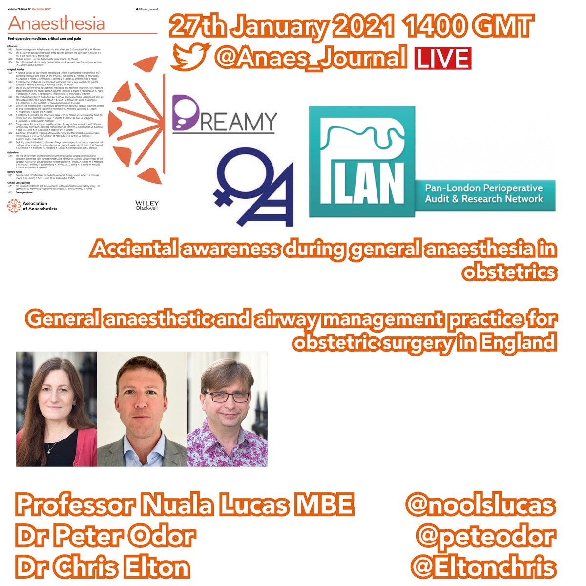 𝘈𝘯𝘢𝘦𝘴𝘵𝘩𝘦𝘴𝘪𝘢 (@anaes_journal) on Twitter photo Join us LIVE on Wednesday at 1400 GMT for our first ever broadcast dedicated to obstetric anaesthesia!
We have <a href="/noolslucas/">Nuala Lucas</a> and <a href="/peteodor/">Peter Odor</a> ready to speak about their research, as well as <a href="/Eltonchris/">Chris Elton</a> from <a href="/oaainfo/">OAA</a>!
Papers 👇
…-publications.onlinelibrary.wiley.com/doi/10.1111/an…
…-publications.onlinelibrary.wiley.com/doi/10.1111/an… Join us LIVE on Wednesday at 1400 GMT for our first ever broadcast dedicated to obstetric anaesthesia!
We have <a href="/noolslucas/">Nuala Lucas</a> and <a href="/peteodor/">Peter Odor</a> ready to speak about their research, as well as <a href="/Eltonchris/">Chris Elton</a> from <a href="/oaainfo/">OAA</a>!
Papers 👇
…-publications.onlinelibrary.wiley.com/doi/10.1111/an…
…-publications.onlinelibrary.wiley.com/doi/10.1111/an…