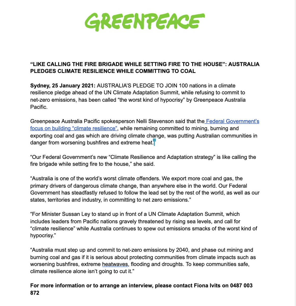 GreenpeaceAP's tweet image. MEDIA RELEASE: The Federal Government's new focus on climate resilience and adaptation, while still refusing to commit to net-zero emissions, is "like calling the fire brigade while setting fire to the house."
greenpeace.org.au/news/like-call…