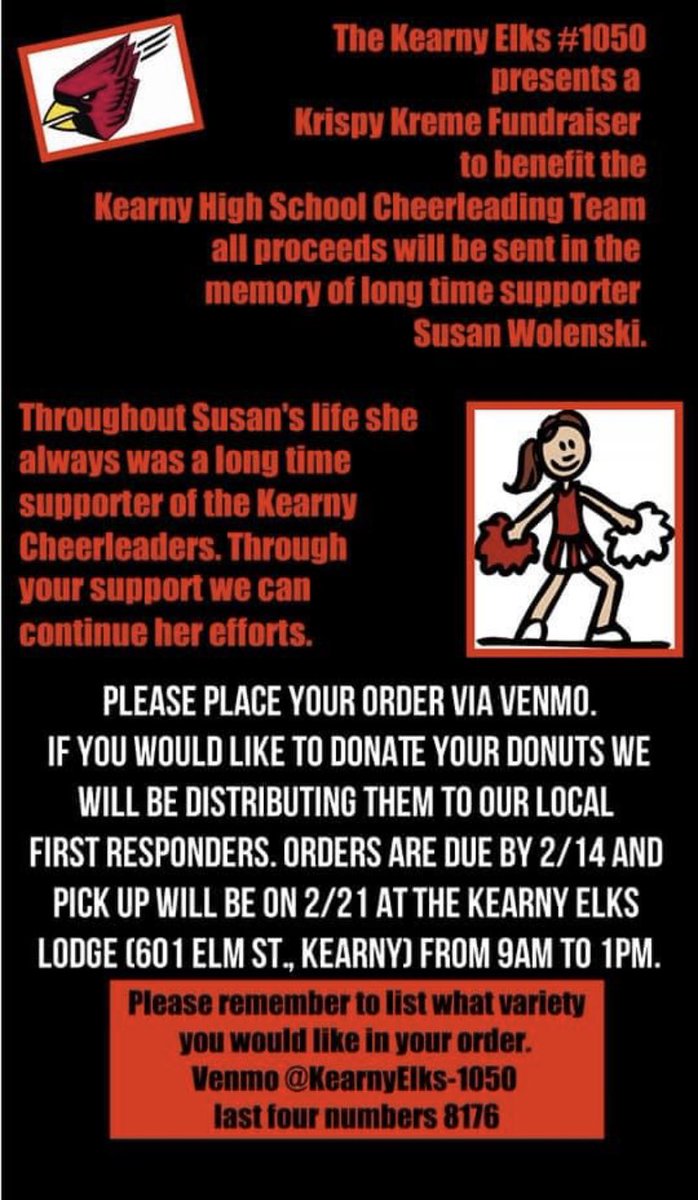 CheerKards's tweet photo. The Kearny Elks is running this fundraiser in the memory of Susan ❤️🖤 you can even donate your doughnuts to first responders ❤️🖤 https://t.co/Mcr1hxTUTc