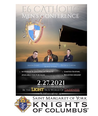 SMOYKofC (@smoykofc) on Twitter photo Join the Men of SMOY for a Watch Party of the E6 Catholic Men's Conference! No charge for this live event. Lunch provided by <a href="/SMOYKofC/">SMOYKofC</a> . Sat, 2/27.
8:45 AM – 4 PM
Click link to register!
signupgenius.com/go/10c054aa4ac… <a href="/smoyparish/">St. Margaret of York</a> <a href="/E6Conference/">E6 Catholic Men's Conference</a> <a href="/deaconharold/">Deacon Harold</a> <a href="/jasonevert/">Jason Evert</a> <a href="/CoffinMedia/">Patrick Coffin</a> Join the Men of SMOY for a Watch Party of the E6 Catholic Men's Conference! No charge for this live event. Lunch provided by <a href="/SMOYKofC/">SMOYKofC</a> . Sat, 2/27.
8:45 AM – 4 PM
Click link to register!
signupgenius.com/go/10c054aa4ac… <a href="/smoyparish/">St. Margaret of York</a> <a href="/E6Conference/">E6 Catholic Men's Conference</a> <a href="/deaconharold/">Deacon Harold</a> <a href="/jasonevert/">Jason Evert</a> <a href="/CoffinMedia/">Patrick Coffin</a>