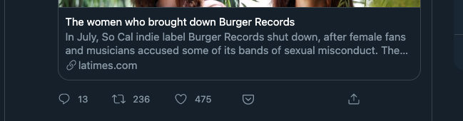 Uh, is this headline as fucked up as I think it is?

A woman didn't "bring down" Burger Records (abusive men did) and framing it this way seems pretty extremely irresponsible.