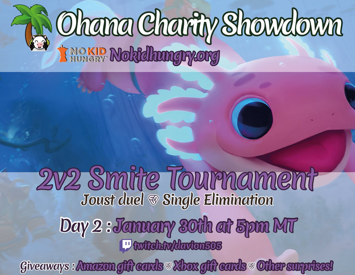 davion505's tweet photo. Hey Ohana🌴! We have 1⃣6⃣ teams competing in the Ohana Charity Showdown benefitting @nokidhungry! This Friday should be lots of fun! 😎👍

Starts: January 29th at 5⃣pm MT
📺 https://t.co/RIXyYvYtgg https://t.co/1c2STwCL8H