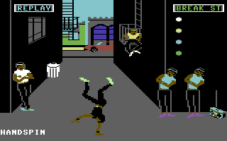 player watching and dance set to music, and then must repeat that sequence. It gets more and more complex over time. But Beck-Tech wasn't the only developer. The theory of twos proves out as Creative Software was ALSO working on a C64 break dancing game, Break Street.