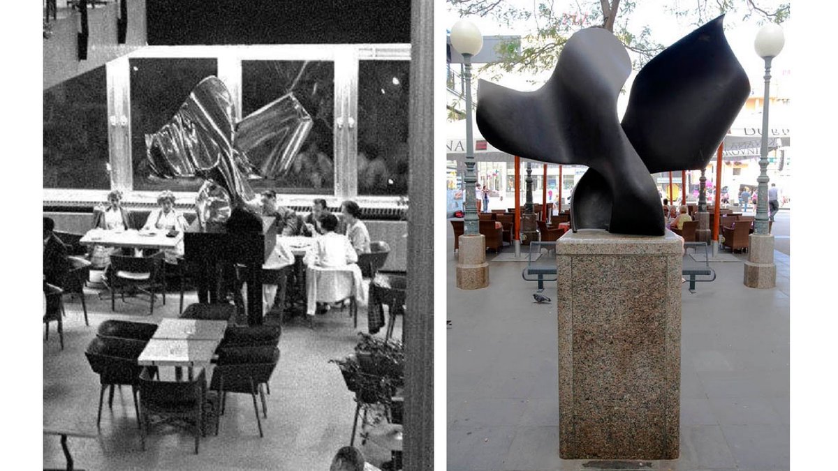 However, during these renovations, Bakić’s “Foliated Form” sculpture that once sat within the Skyscraper Cafe was recovered from the trash by artist Ivan Picelj. It was later painted black and installed at the corner of the square & Gajeva Street.