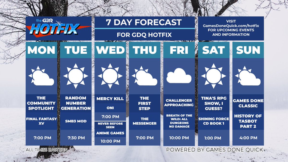 GDQ Hotfix weekly forecast. Mon-Sun shows all week. Starts at 7PM Mon-Fri, Sat at 1PM, Sun at 4PM. All times EST
