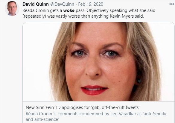 Réada Cronin, a female politician, gets a 'woke pass'