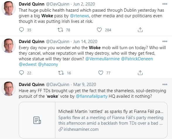 Fianna Fáil are woke, no, really, they are! As are RTÉ of course, and there's a 'woke mob' somewhere too, maybe hiding in David's wardrobe or under his bed? 