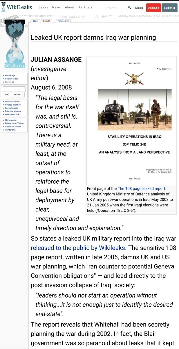 Iraq: Julian published a damning internal report finding lack of UK-US war planning "ran counter to potential Geneva Convention obligations", causing a catastrophic collapse of society post-invasion. #optelic #Assange #AssangeNobel2021  #FreeAssangeNOW  https://www.wikileaks.org/wiki/Leaked_UK_report_damns_Iraq_war_planning