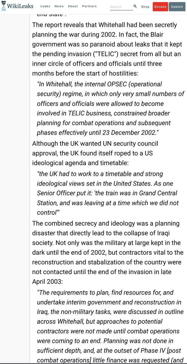 Iraq: Julian published a damning internal report finding lack of UK-US war planning "ran counter to potential Geneva Convention obligations", causing a catastrophic collapse of society post-invasion. #optelic #Assange #AssangeNobel2021  #FreeAssangeNOW  https://www.wikileaks.org/wiki/Leaked_UK_report_damns_Iraq_war_planning