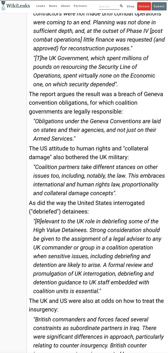 Iraq: Julian published a damning internal report finding lack of UK-US war planning "ran counter to potential Geneva Convention obligations", causing a catastrophic collapse of society post-invasion. #optelic #Assange #AssangeNobel2021  #FreeAssangeNOW  https://www.wikileaks.org/wiki/Leaked_UK_report_damns_Iraq_war_planning