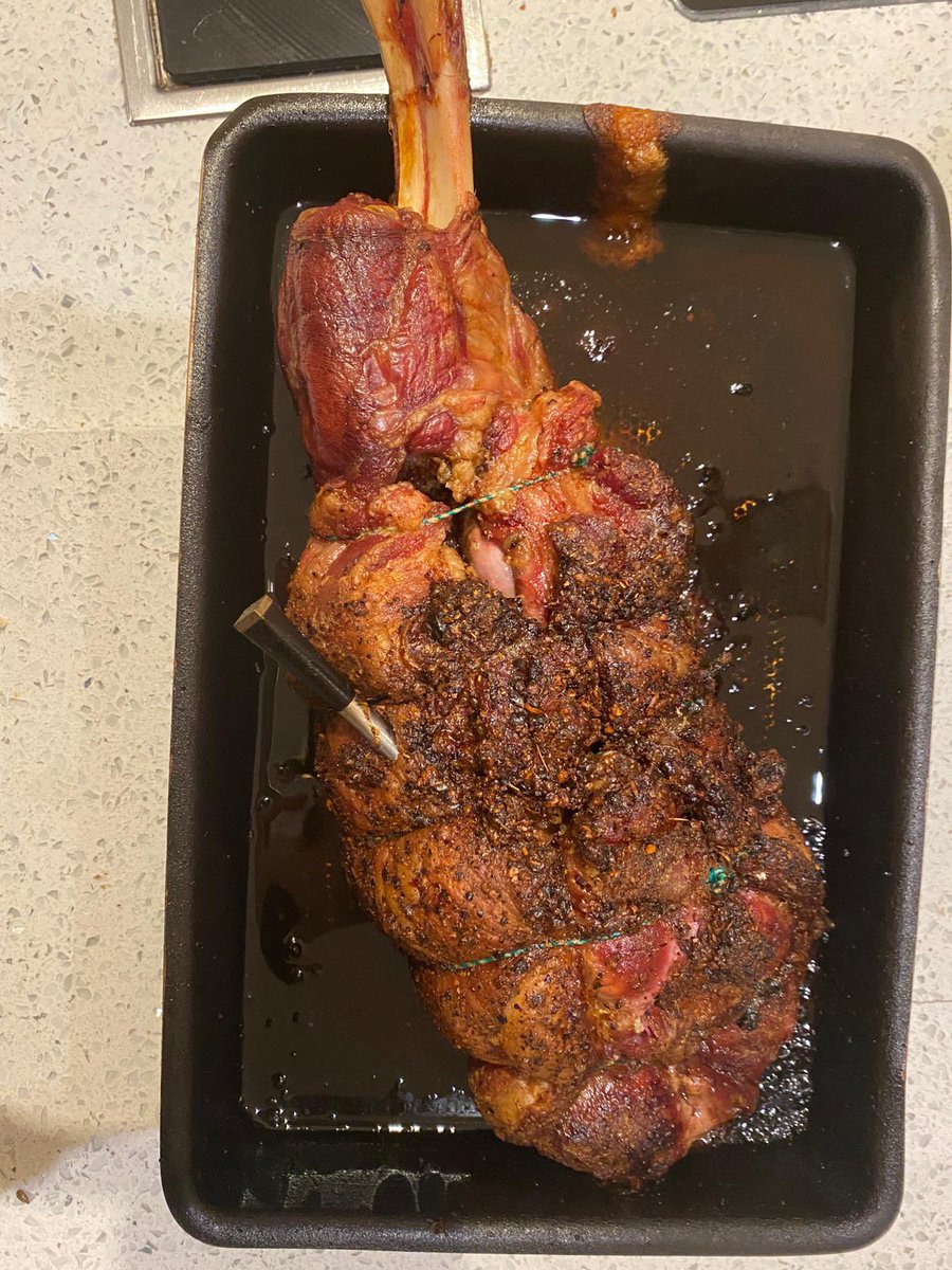 REDCMD's tweet photo. Slow cooked harissa lamb on the Kamado in the snow.  Very satisfied family tonight. https://t.co/22eXgPLItf