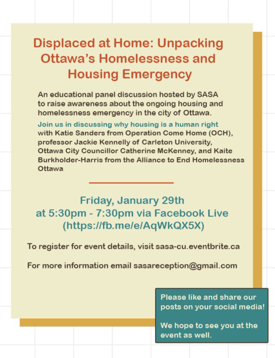 sasacu3's tweet image. PSA! Here are the details for SASA’s upcoming panel discussion, ‘Displaced at Home: Unpacking Ottawa’s Homelessness &amp;amp; Housing Emergency’, this Friday, Jan 29th. Our panelists will include @cmckenney, @kennelly_jackie, @BurkholderK (@ATEH_OTT) &amp;amp; Katie Sanders from @ochottawa (1/3)