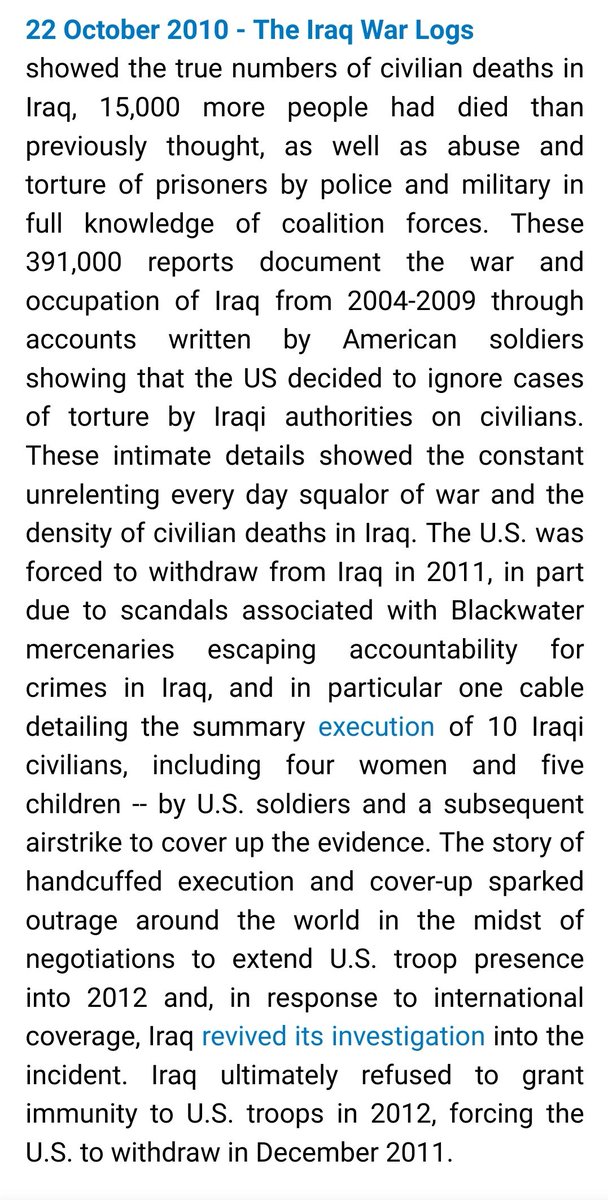 Iraq: WikiLeaks publications on the Iraq War(See links for further publications on Iraq)Nobel Peace Prize nomination deadline: 31 January https://wikileaks.org/10years/iraq.html https://www.wikileaks.org/wiki/Category:Iraq #AssangeNobel2021  #Assange  #FreeAssangeNOW  @wikileaks