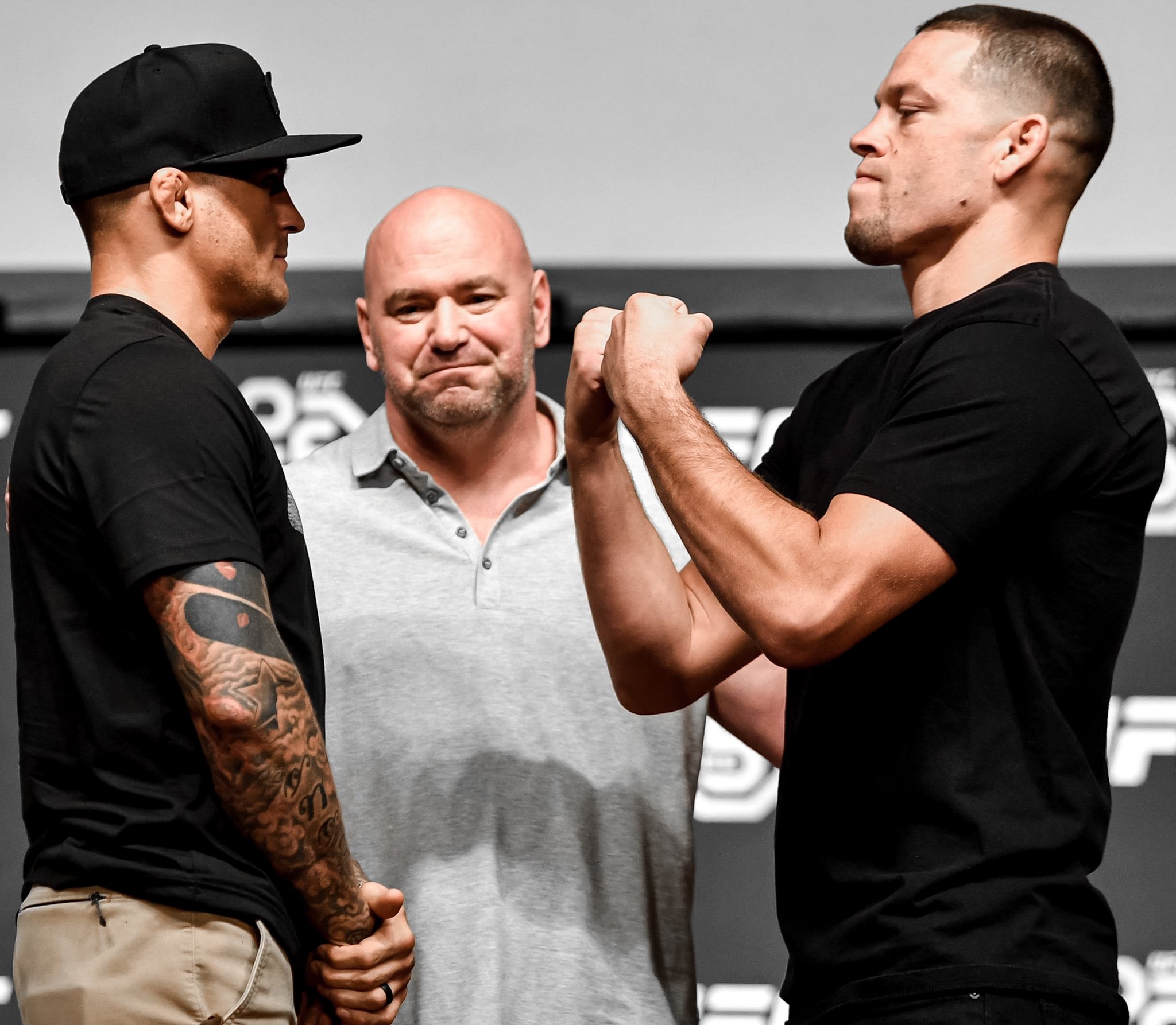 Nate Diaz squares up to Dustin Poirier in the build up to UFC 230. (Image Credits: @NateDiaz209 on Twitter)