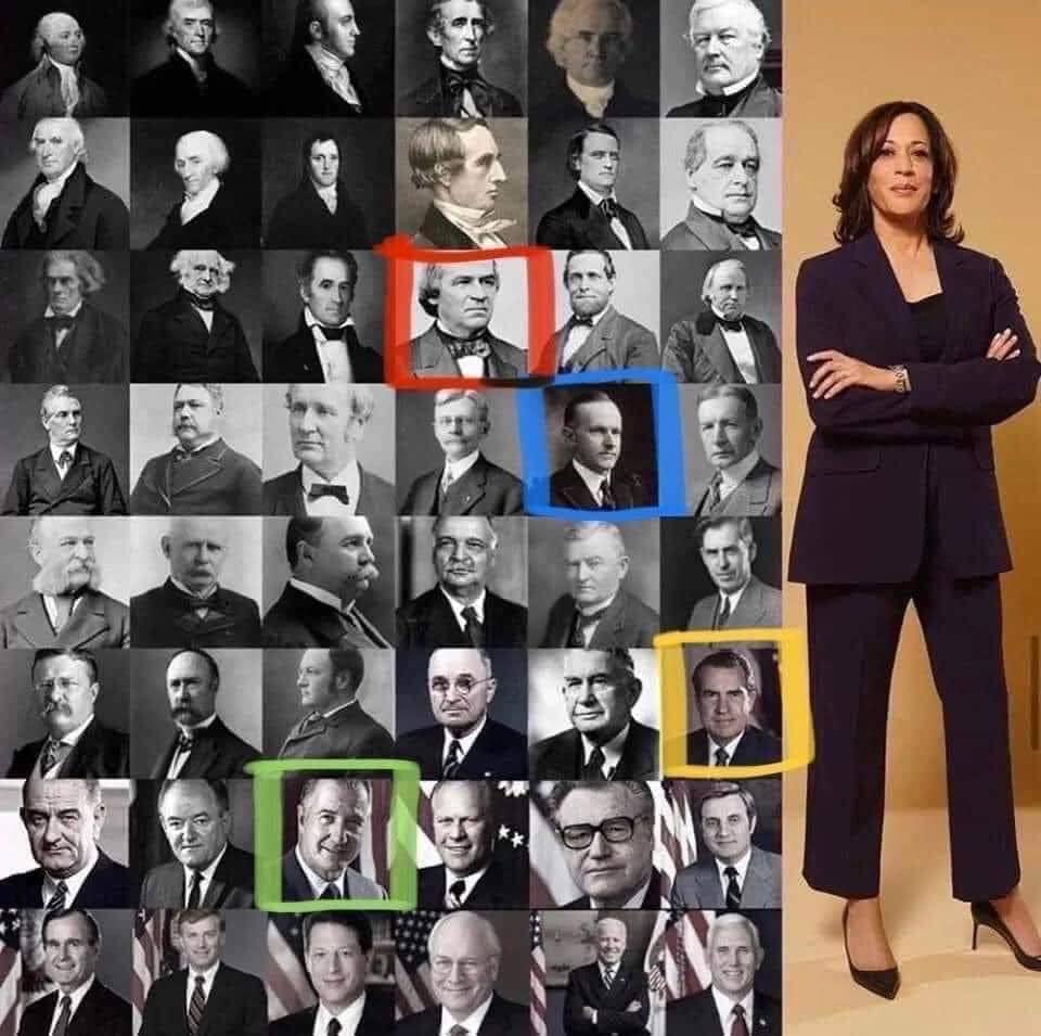 Essa imagem da Kamala Harris com os outros vices já tinha circulado, mas fizeram um adendo: 
- Até a caixa vermelha ela estaria escravizada;
- Até a azul ela não poderia votar;
- Até a amarela ela estaria em escolas segregadas;
- Até a verde ela não poderia ter uma conta bancária