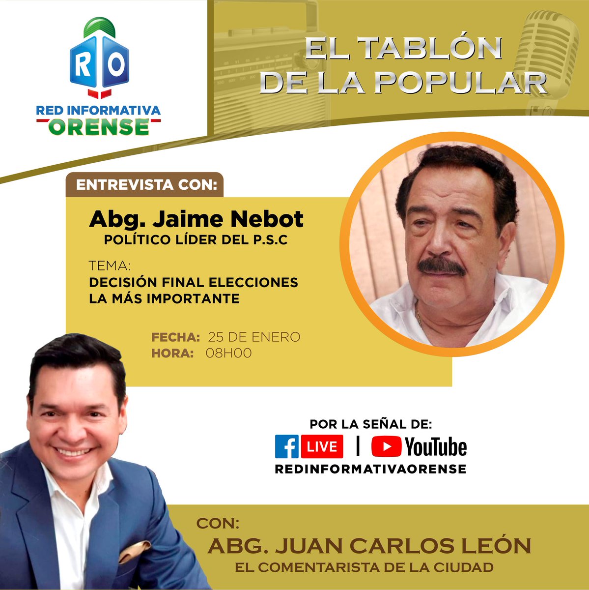 RedOrense's tweet photo. LA RED INFORMATIVA ORENSE
¡PRESENTA!
🟡 EL TABLÓN DE LA POPULAR 🟡

#RedInformativaOrense
#ElTablónDeLaPopular
#Entrevista #Noticia #Machala #ElOro #Ecuador https://t.co/vsm9VPeG5T