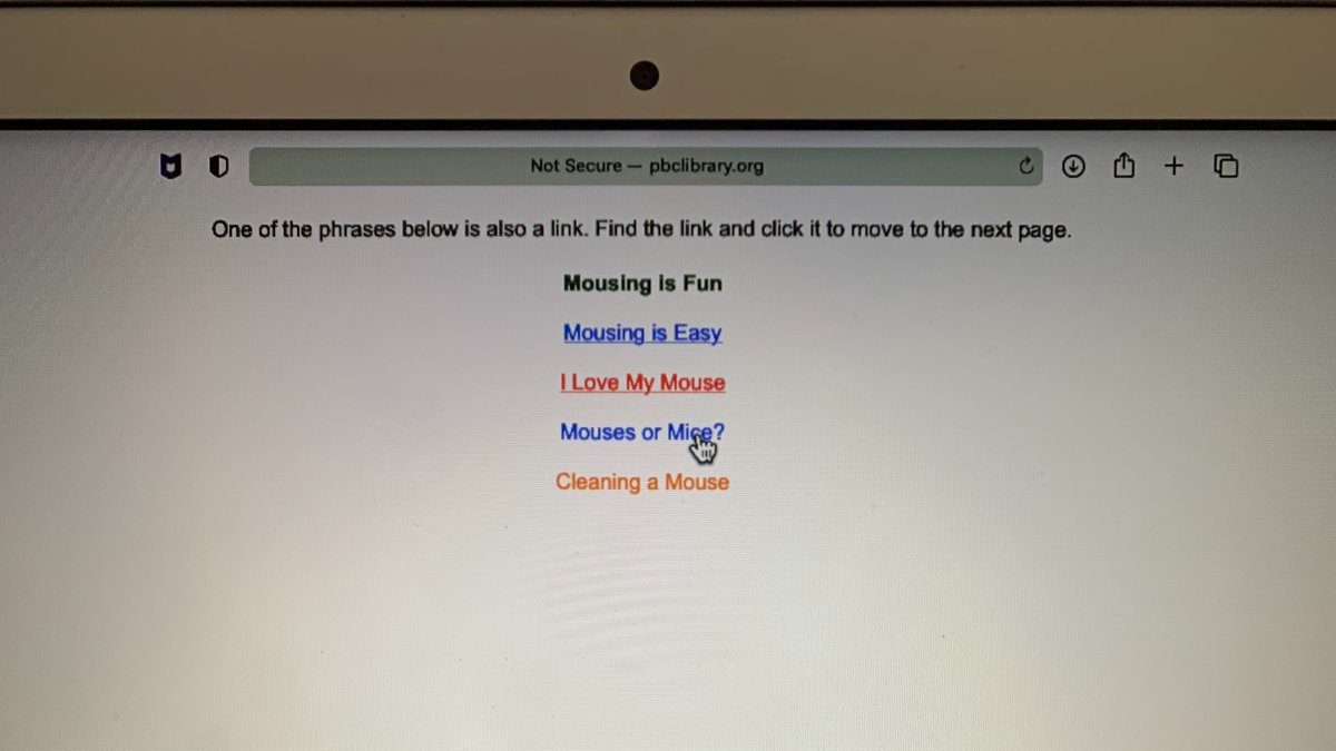 here_with_fran's tweet photo. I used the website "Mousing Around: Mousercise!" with my learner this week, so she could practice using the trackpad on the laptop. It goes through various clicking exercises and how to use your curser to find out if something is clickable or not #LetsTeachAdults @YEPeducation https://t.co/qbvCNlUiDr