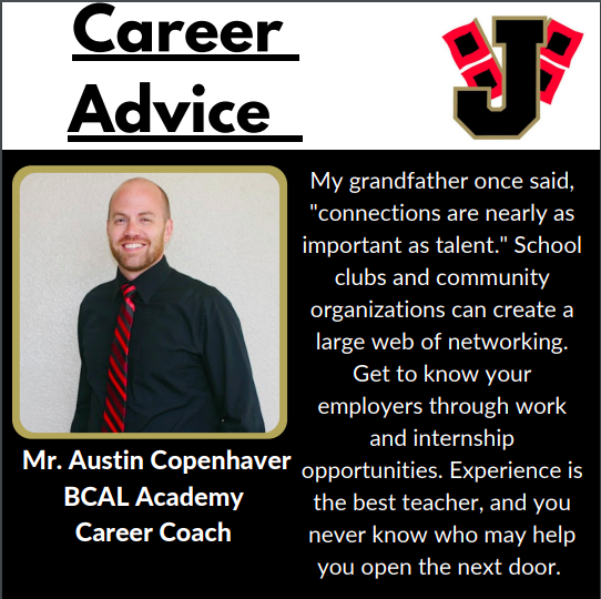 JHSCareerCoach's tweet photo. #JHSCareerAdvice from Mr. Austin Copenhaver, BCAL Academy Career Coach. #CareerExploration #CareerCoachProgram https://t.co/8ouEa0Sr10