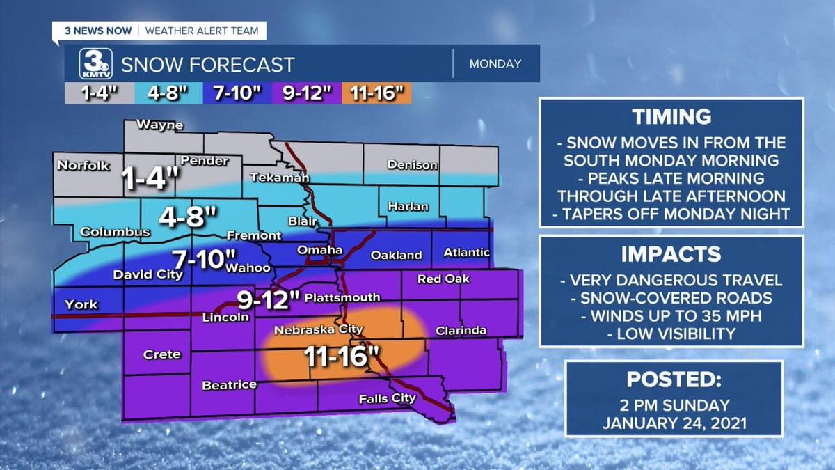 CSM_Security's tweet image. SIGNIFICANT SNOW MONDAY: Snow arrives in Omaha Metro Area around the morning commute, but the heaviest will be from late morning to late afternoon.