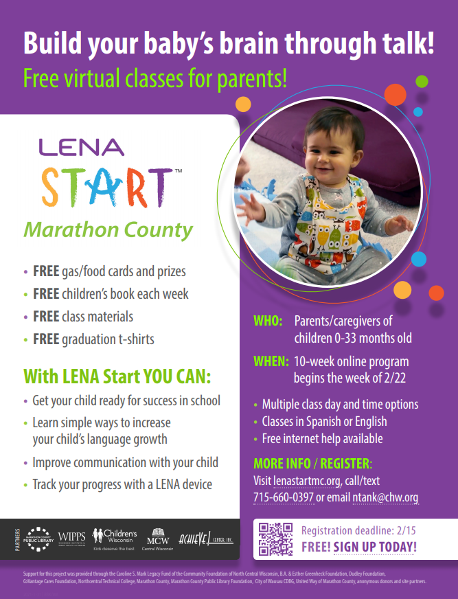 LENA_MCO's tweet photo. Spring classes start the week of 2/22/2021! Visit: https://t.co/yrGqlyP2VF to learn more and register for a class today! 
#talkbuilds #marathoncounty #lenastartmc #parentshavethepower https://t.co/DeiFhsutm5