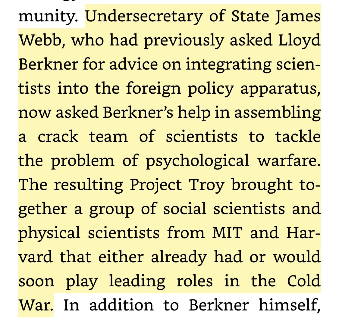 I also haven’t gotten to the part where I mention that separately, Webb was one of the driving forces behind the development of psychological warfare as a weapon during the Cold War. From historian Audra Wolfe’s Freedom’s Laboratory:  https://bookshop.org/books/freedom-s-laboratory-the-cold-war-struggle-for-the-soul-of-science/9781421439082