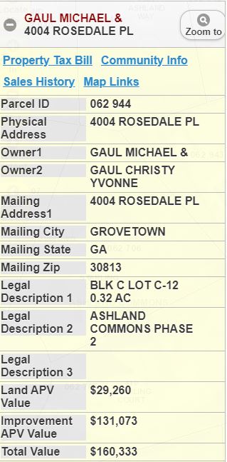 Gaul's ex-wife Christy Yovnne Gaul lives in Seven Springs, NC, although her name is still on the Columbia County, Georgia property tax records. They divorced in 2012. http://mapsonline.columbiacountyga.gov/columbiajs/&nbsp;/19