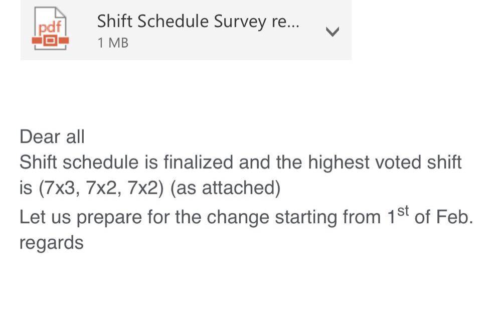 جدول الورديات الجديد

سوف يتم الإعلان رسمياً خلال الأيام المقبلة عن جدول 7 ايام وتطبيقه من بداية شهر فبراير. 

لا نعلم ماذا تريد سابك من تطبيق جدول لايوافق عليه اغلبية الموظفين هل لإرضاء رغبات المدراء على حساب جنود الصناعة. 

للأسف الشعار بالأسفل هو الحقيقي 
#كيمياء_بدون_تواصل