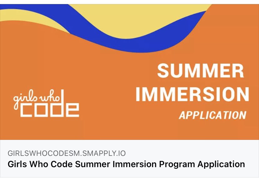 bostongirlsstem's tweet photo. @GirlsWhoCode Summer Immersion Program application is officially LIVE! 🎉  

In this program you will find coding lessons, partner events, and office hours with staff right to your living room because for the second year in a row, they are going virtual. https://t.co/ddy6EEkzMQ https://t.co/ERaKcmPZrF