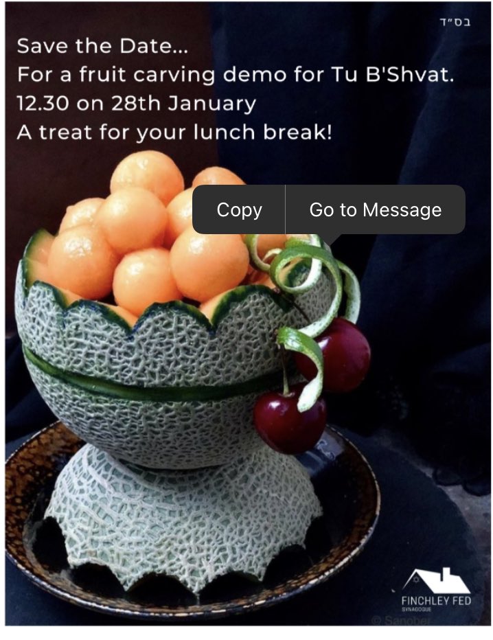 Please join us for a fruit carving demo on Tu b’shvat. 
Please PM for the link to join 
🍏🍎🍐🍊🍓🍇🍉🍌🍑🍒🥭🍍🫐