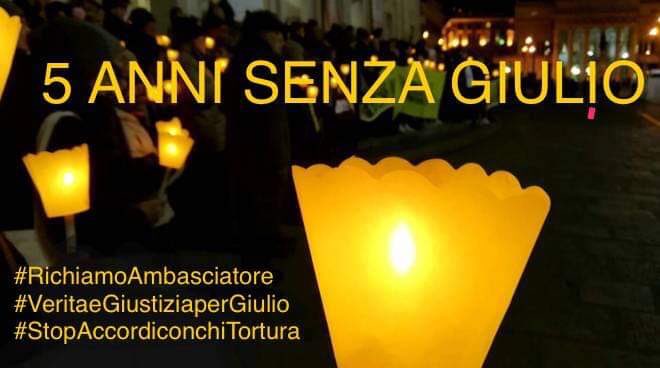 5 anni da quel #25gennaio, quando Giulio fu sequestrato da uomini del regime. 
Abbiamo nomi e cognomi. 
Il governo italiano pretenda rispetto, verità, giustizia.
#VeritaeGiustiziaperGiulio 
#StopAccordiconchiTortura 
#RichiamoAmbasciatore 
#veritaperGiulioRegeni