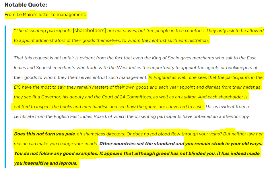 Excerpt from an activist investor's letter to management (of the Dutch East India Company) in 1622.Brutal.