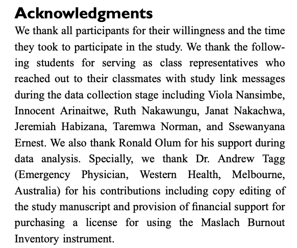 JonathanKajjimu's tweet photo. Our study "Burnout and Associated Factors Among Medical
Students in a Public University in Uganda: A Cross-Sectional Study" has been published. With over half (54.5%) of the respondents being found to be already burnt out before entering formal medical practice. @andrewjtagg https://t.co/Kj2rap05Xd