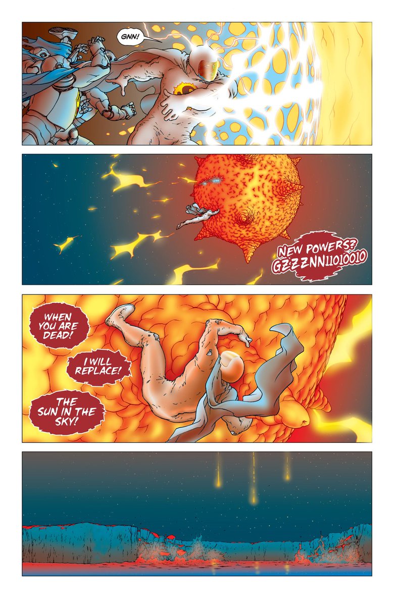 This whole fight is beautifully rendered by Quitely and Grant. And Travis Lanham's lettering enhances everything in a great way. Solaris' booming voice; Robot 7's screeching scream; and the Sun-Eater dying cry. All of it looks gorgeous.