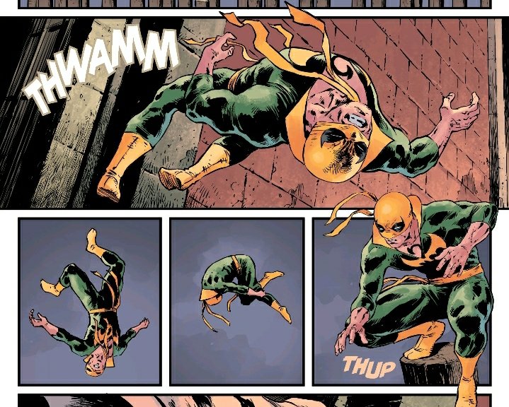 Here's a small section of the four-page fight scene which takes the time to show Danny's acrobatic skills. Whilst Hama's dialogue may lack flavour, Wachter's willingness to expand moments into multiple panels is rich with it. Most comics don't think to do this. #HeartOfTheDragon