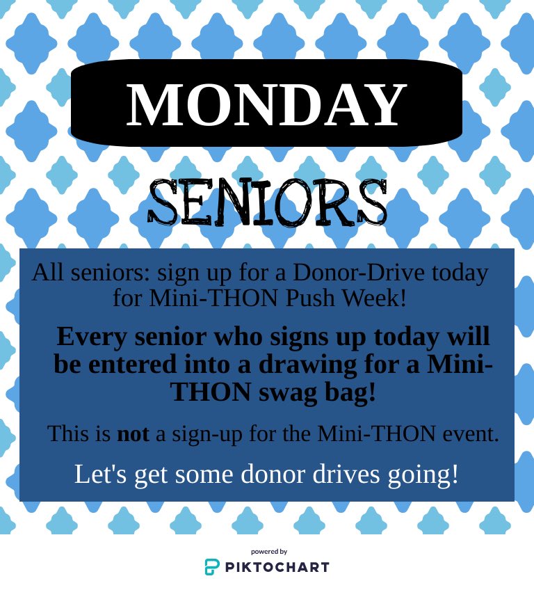 It’s Donor Drive push week!! Join us this week in creating a Donor Drive in support of our Mini-THON! Make sure you keep an eye out for updates from Ms. Gomulka in your email throughout the week!! #ftk 💠🎗