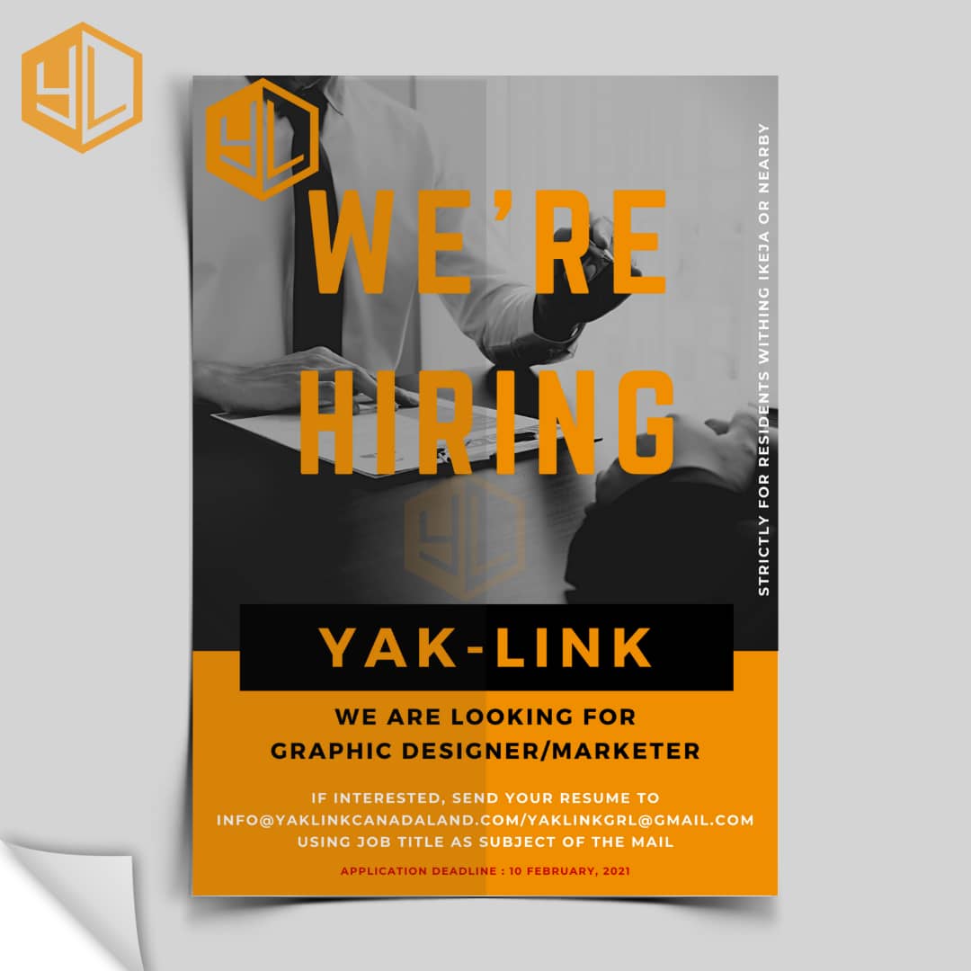 Yak_Link's tweet photo. JOB DESCRIPTION:   Graphic Designer/Marketer
Location: Ikeja, Lagos      Employment Type: Full-time 
Application Deadline 10th February, 2021.
Interested persons should send their CV to: info@yaklinkcanadaland.com  yaklinkgrl@gmail.com using the Job Title as subject of the mail https://t.co/TPpliNiMEf