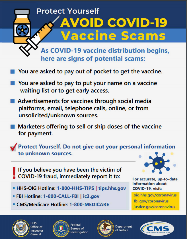 FBINorfolk's tweet image. As #COVID19 vaccine distribution continues, watch out for scams. Read below for signs of potential scams👇