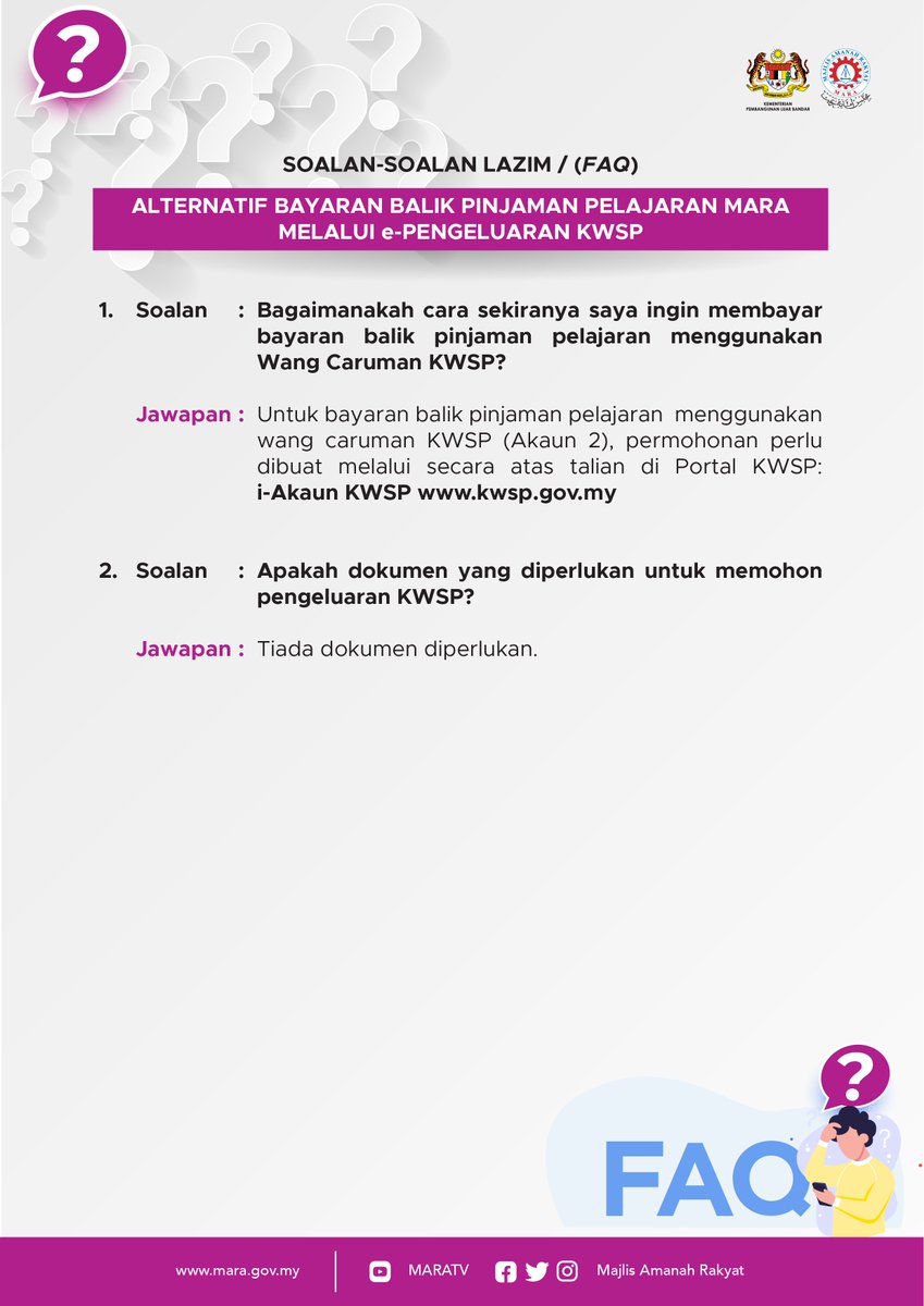 Majlis Amanah Rakyat On Twitter Soalan Lazim Alternatif Bayaran Balik Pinjaman Pelajaran Mara Melalui E Pengeluaran Kwsp Kplb Mara Amanahrakyat Luarbandarsejahtera Https T Co Rnhieqipt0