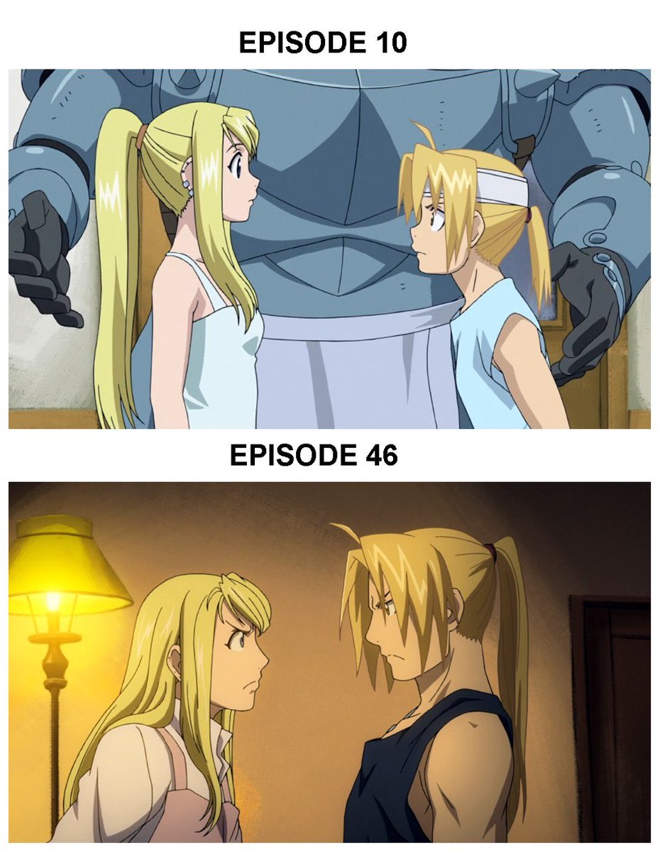 Very slowly, so slowly that you didn’t even realise, Ed got taller. Suddenly it hits you, he’s not shorter than Winry anymore. In fact, he’s taller than her by a decent amount at the end. He’s still not lanky by any means, but that extra bit of stature means everything to Edward.