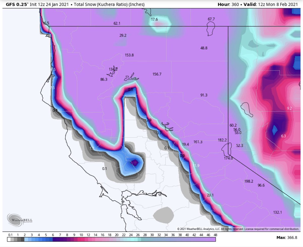 GFS_Snow_Map's tweet photo. @capitalweather @islivingston Models spitting out an inch of snow in DC causes excitement.  Today, I gave that to the central California mountains for, on average, every single hour, for the next 360 hours (15 days). https://t.co/IBh8WVBy2U