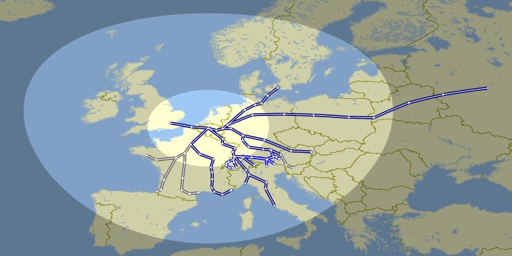 Let's go back to late a 1977 Cooks. There are plenty of night trains leaving Brussels every evening. Dark blue routes run dailyDeep blue routes are seasonal, often run just once weeklyGrey routes are car-carrying trainsThe maps were made using  http://gcmap.com&nbsp;