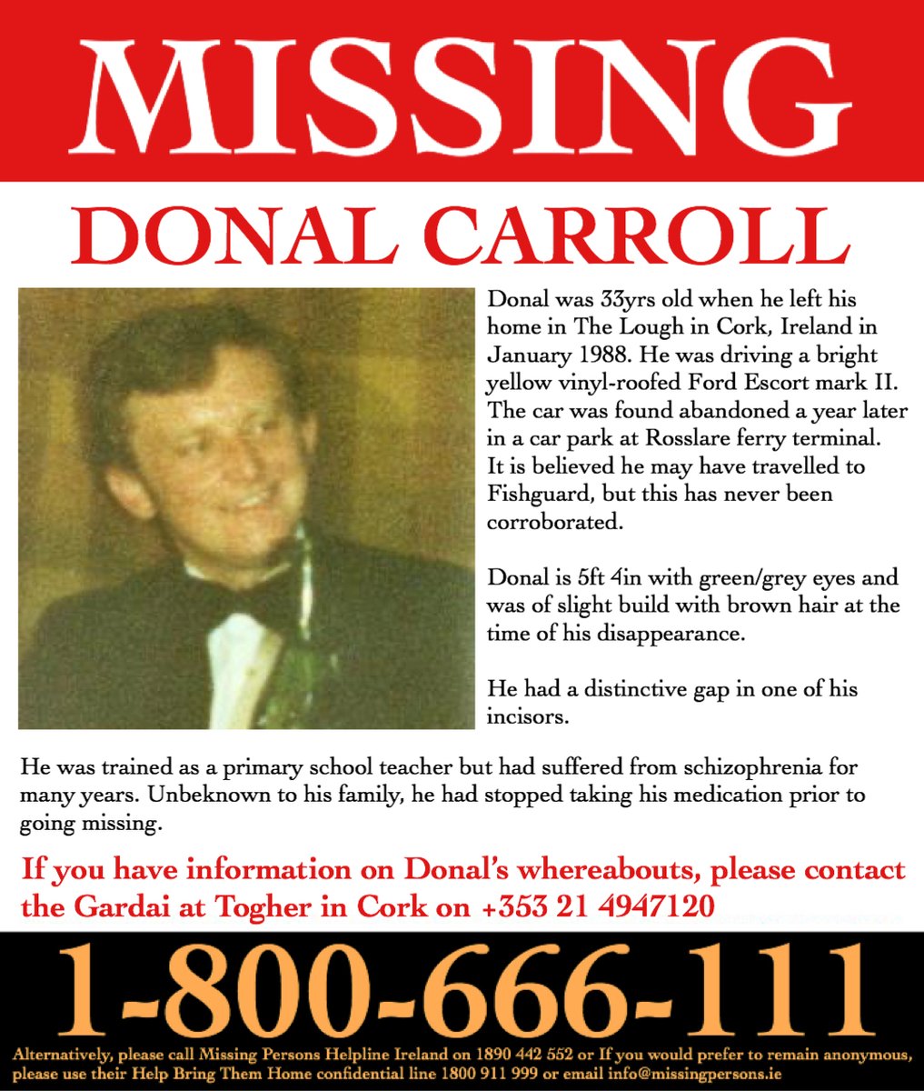 MisPersSupport's tweet image. It is 33 years since Donal Carroll went missing, please keep his family in your thoughts 🙏🏻

If you have information on Donal’s whereabouts, please contact the Gardai at Togher in Cork on +353 21 4947120. 

#FindDonalCarroll #MissingPersonsSupport  #HelpBringThemHome