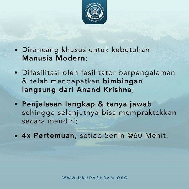 AnandAshramUbud's tweet photo. KELAS MEDITASI ONLINE Ananda's Neo Self Empowerment/ Meditasi Pemberdayaan Diri⁣

Ikuti SEGERA Kelas Meditasi melalui ZOOM setiap SENIN
Pukul 19.00 WITA
⁣
Info/WA untuk Konsultrasi Gratis di ☎️ 0818350712⁣ https://t.co/mRFtxOy00t