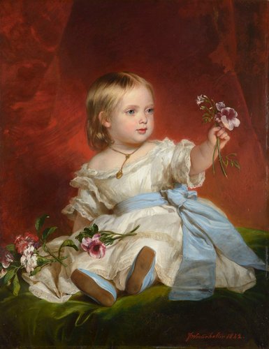 Here are two portraits of Queen Victoria's oldest daughter, Vicky, in white with pink AND blue.