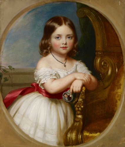 Here are two portraits of Queen Victoria's oldest daughter, Vicky, in white with pink AND blue.
