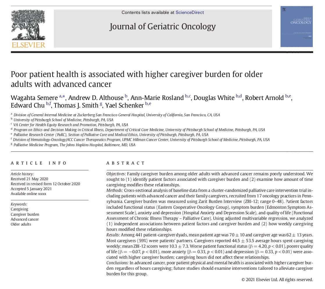 RyanNipp's tweet photo. Study finds that worse patient physical & mental wellbeing is associated w/ higher caregiver burden in older adults w/ advanced #cancer
https://t.co/juhpqhHFcc
@ADAlthousePhD @SchenkerYael @PittPallCare @JGeriOnc
#GeriOnc #Geriatrics #PallOnc #GeriPall #GeriPallOnc #Caregiving https://t.co/HpcoOBgz9T
