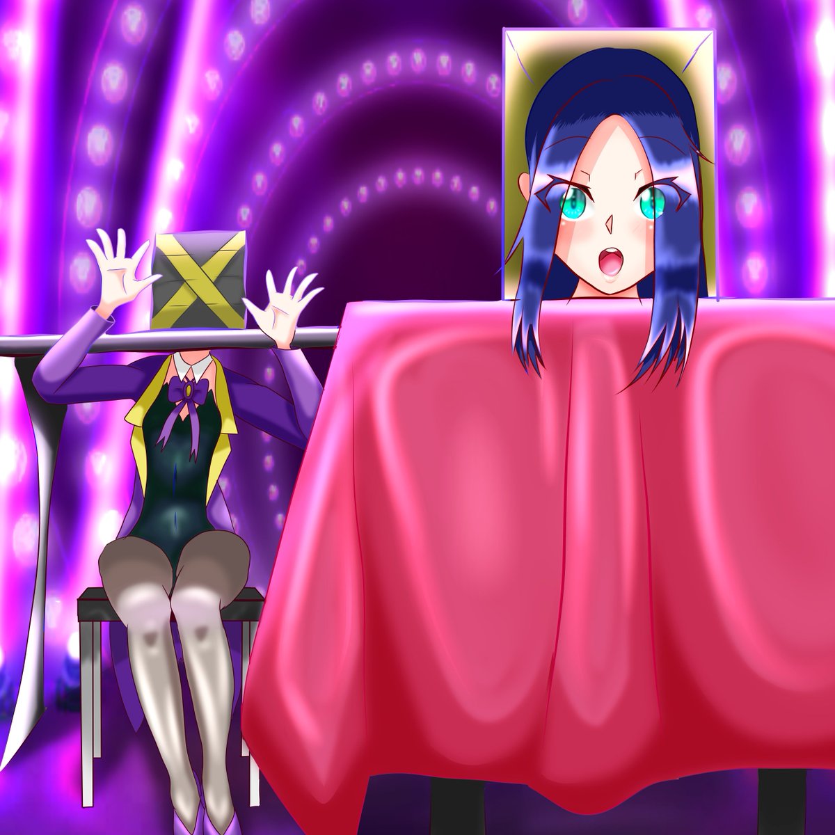 小茴香 絵描垢 Riraのマジックショー 演目２ ヘッドオフイリュージョン イラスト初心者 イラスト好きな人と繋がりたい いいねかrtで気になった人フォローする うちの子 マジックショー